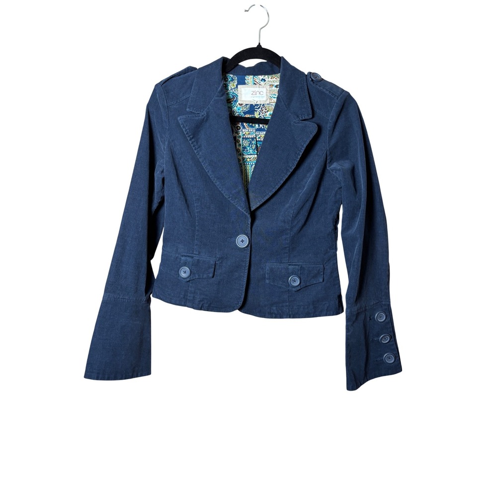 Zinc Y2K Blazer Medium Navy‎ Blue Corduroy Cropped Flared Cuff Dark Academia